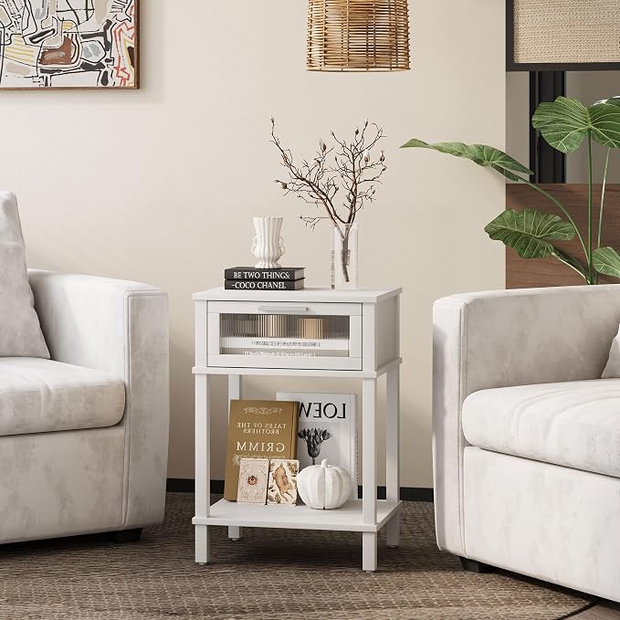Nightstand Wooden Bedside Table with Drawer White Night Stands Modern Style Small End Table Side Table with Storage Shelf for Bedroom Living Room MLBZ10W