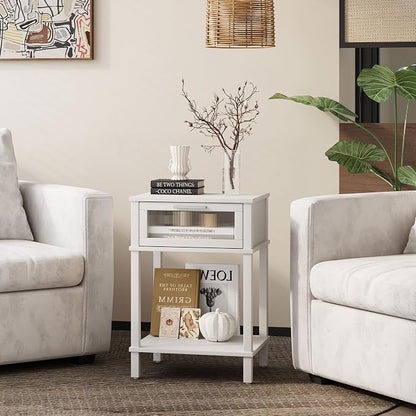 Nightstand Wooden Bedside Table with Drawer White Night Stands Modern Style Small End Table Side Table with Storage Shelf for Bedroom Living Room MLBZ10W