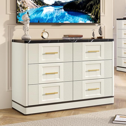 RECHHX Farmhouse 6 Drawers Dresser for Bedroom, 47.2" Wide Large Modern Marble-Effect Chest of Drawers, Wooden Thermoformed Curved Dresser Organizer for Bedroom, Living Room, White