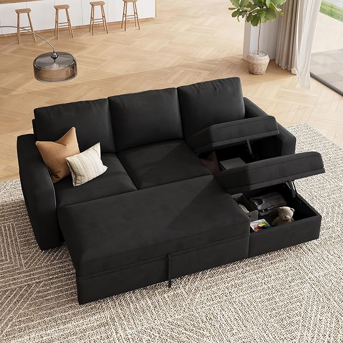 HONBAY Modular Sectional Sleeper Sofa with Pull Out Bed, L Shaped Couch with Storage Seat, Modular Sectional Couches for Living Room - Black