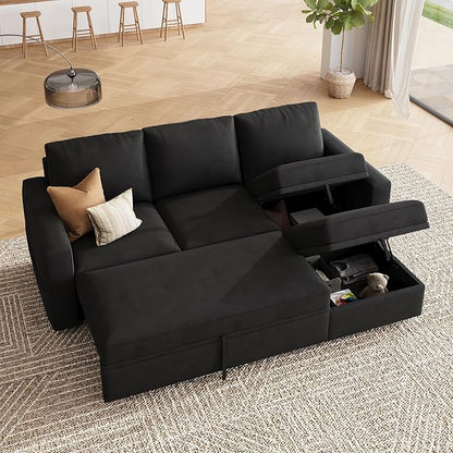 HONBAY Modular Sectional Sleeper Sofa with Pull Out Bed, L Shaped Couch with Storage Seat, Modular Sectional Couches for Living Room - Black