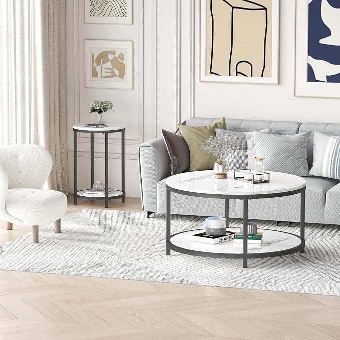 WiberWi Round Side Table, Modern Nightstand End Table with Metal Frame &Faux Marble Top, Accent Bedside Table for Living Room Bedroom Small Spaces with Storage Open Shelf, White