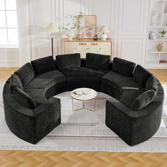 WUTUTUEE 145'' Curved Round Boneless Couch, Oversized U Shaped Sofa with Deep Seat & Arms, Chenille Modular Sectional Sofa with Pillows, Upholstered Comfy 10 Seat Couch for Living Room, Black