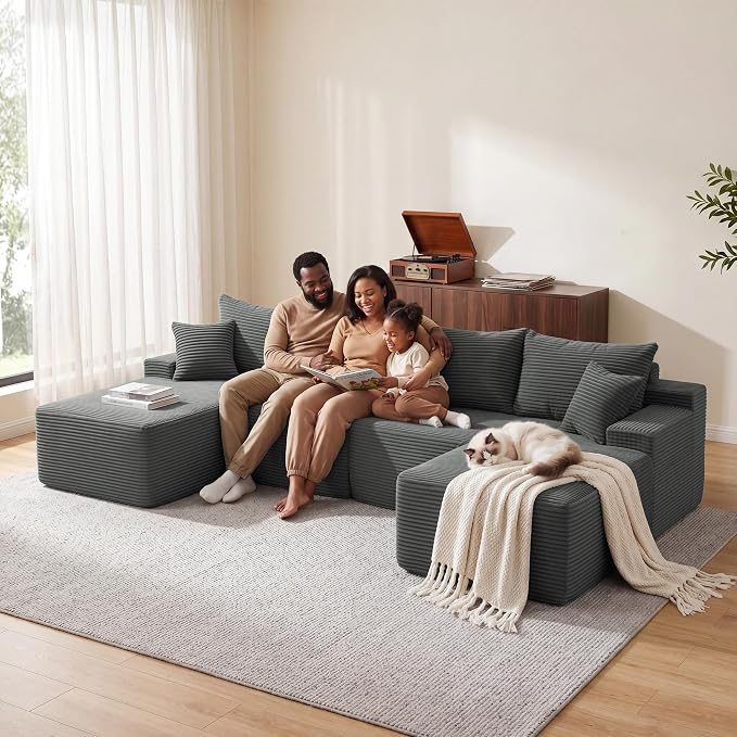 Mangodan 118'' Cloud Sectional Couch, U Shaped Boneless Couches for Living Room, Modular Sectional Sofa with Deep Seat Light Facing Chaise, Comfy Cloud Couch Sofa, Gray