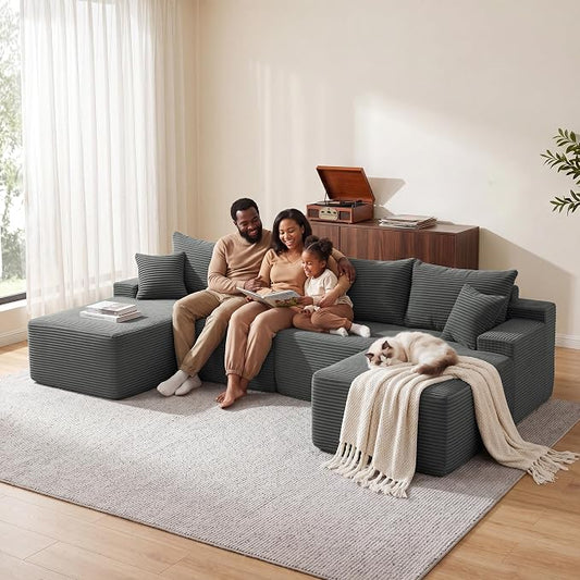 Mangodan 118'' Cloud Sectional Couch, U Shaped Boneless Couches for Living Room, Modular Sectional Sofa with Deep Seat Light Facing Chaise, Comfy Cloud Couch Sofa, Gray