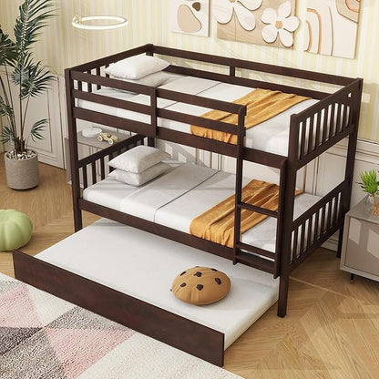 Harper & Bright Designs Convertible Wood Twin-Over-Twin Bunk Bed with Trundle and Ladder - Can Be Divided Into Two Platform Beds (Espresso)