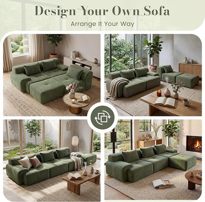 GRUSIGN 108'' Modular Sectional Boneless Sofa, Tufted Sectional Couches for Living Room,Oversized L Shape Deep Seat Sofa with Ottoman & 3 Throw Pillows,Corduroy Cloud Couch,Green