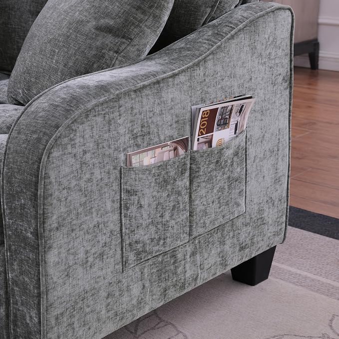 ERYE Chenille Tufted Loveseat Sofa and Ottoman Set, Tufted Recliner Sleeper Chaise Lounge with Curved Storage Ottoman,Reclining Backrest and Side Pockets, 4 Pillows