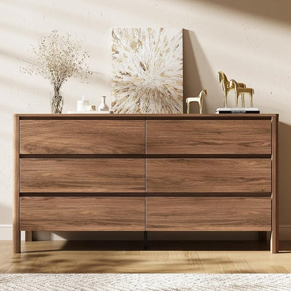 MAISONARIA Walnut 3-Piece Dresser Bedroom Set, 6 Drawers Dresser & 3 Drawer Nightstands with Hidden Handles, Wood Chest of Drawers for Bedroom, Living Room, Entryway