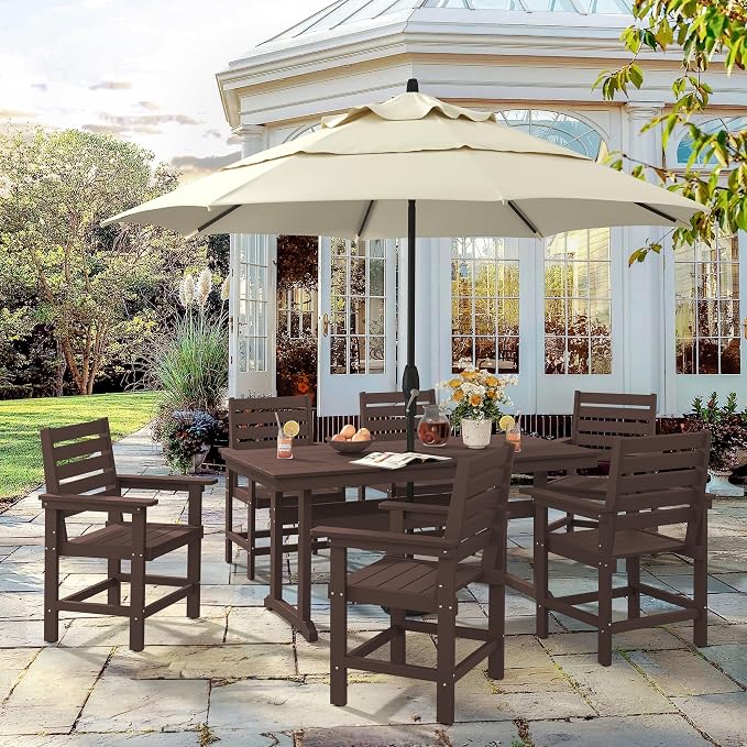7 Piece Patio Dining Set, 66" Rectangle HDPS Weather Resistant Outdoor Table & 6 Patio Chairs Set with 1.96" Umbrella Hole, Heavy Duty Chairs for Backyard Deck, Dark Brown