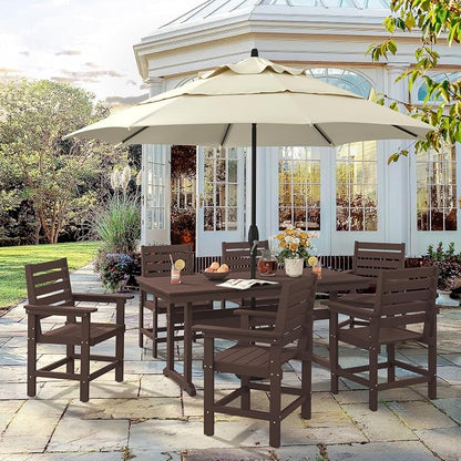 7 Piece Patio Dining Set, 66" Rectangle HDPS Weather Resistant Outdoor Table & 6 Patio Chairs Set with 1.96" Umbrella Hole, Heavy Duty Chairs for Backyard Deck, Dark Brown