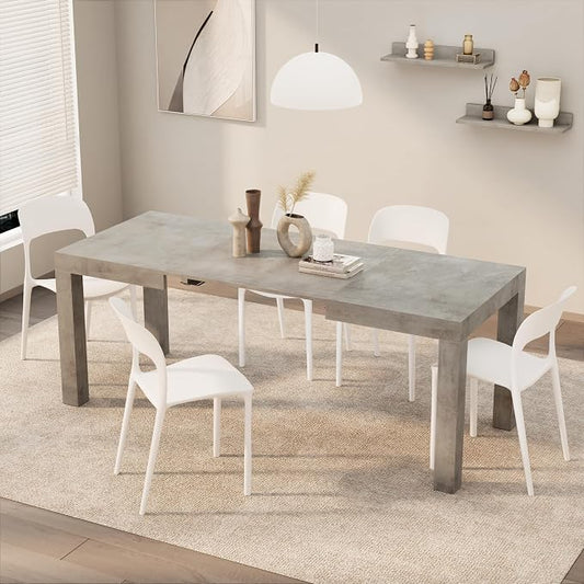 Mobili Fiver, First Extendable Table, 47.2(78.7) x31.5 in, Concrete Effect, Grey, for 6-8 People, Expandable Dining Table for Kitchen, Living Room, Italian Furniture