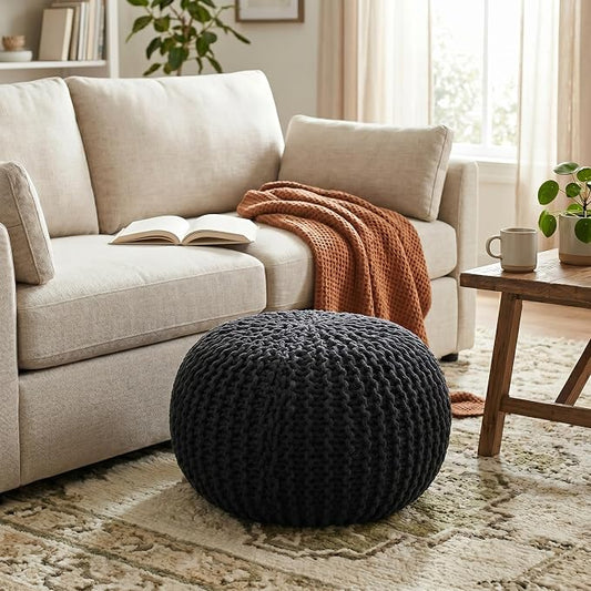 BIRDROCK HOME Round Pouf Ottoman Foot Rest - 18.5”x18.5”x15” Boho Compact Comfortable Soft Cotton Braided Foot Stool with Bean Bag Filling for Living Room, Bedroom, or Nursery (Black)