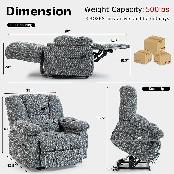 JIKFRIMA Big Man Recliner 500lbs Power Lift Recliner Chair for Big Tall Elderly Adults Oversized Lay Flat Lift Recliner with Extended Footrest,Heat Massage,Flip Arm Storage Cup Holders,USB Type C