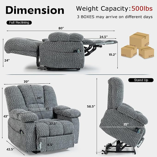 JIKFRIMA Big Man Recliner 500lbs Power Lift Recliner Chair for Big Tall Elderly Adults Oversized Lay Flat Lift Recliner with Extended Footrest,Heat Massage,Flip Arm Storage Cup Holders,USB Type C