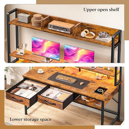 DurayLoly 39.4" Office Desk with Shelves & Monitor Stand, Computer Desk with Hutch&Drawers, LED Lights & Power Outlet, for Modern Home Office & Bedroom, Small Space, Rustic Brown