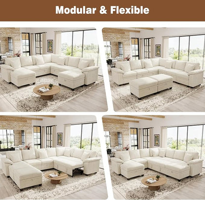 Ihanherry 108" Modular Sectional Sofa with Pull Out Bed, 9-Seater U Shaped Sectional Sleeper Couch with Storage, Chenille Convertible Couches for Living Room, Apartment (Beige)