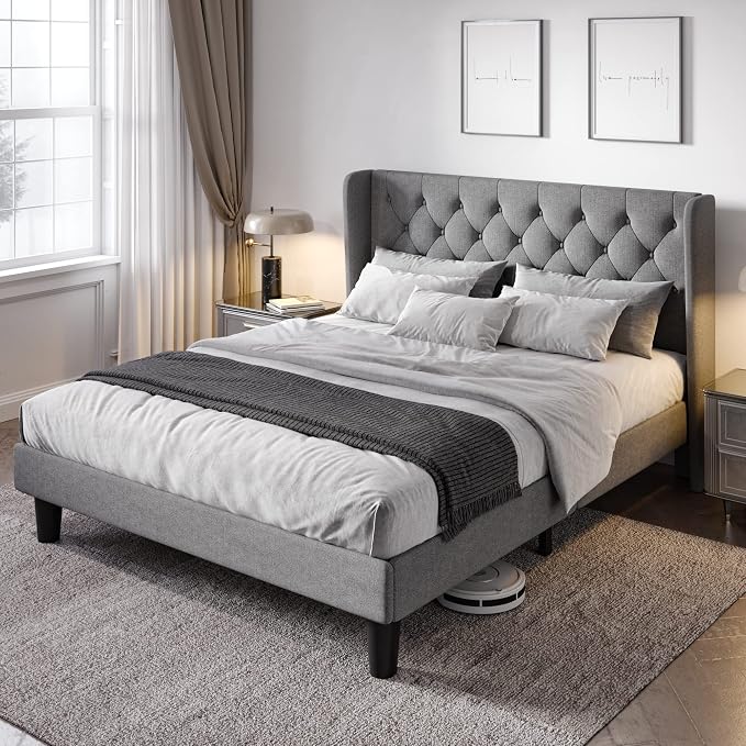 Allewie Full Size Bed Frame with Button Tufted Wingback Headboard, Modern Fabric Upholstered Platform Bed Frame with Strong Wood Slat Support, No Box Spring Needed, Easy Assembly, Light Grey