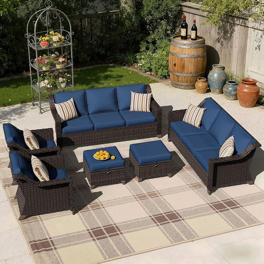 6 Pieces Patio Conversation Furniture Set - 2 Sofas, 2 Armchairs, 2 Ottomans, Outdoor Wicker Furniture with Removable Cushions for Porch, Balcony, Sunroom (Blue)
