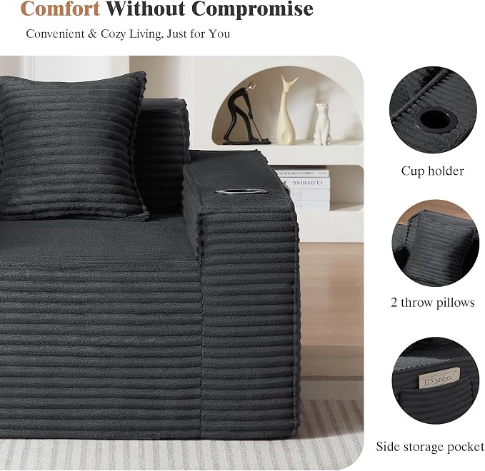 3 pcs Boneless Living Room Couch Set, Boneless Sofa Couches with Cup Holder for Compact Living Rooms, Apartments (Deep Gray, Single Chair + Loveseat+ 3 Seat Sofa)