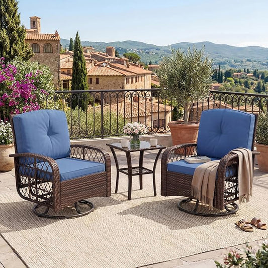 Garvee 3 Pieces Patio Furniture Set, Outdoor Swivel Glider Rocker Set w/Washable Cushion and Tempered Glass Tabletop, Conversation Furniture for Deck Porch Balcony Backyard Garden,Brown & Blue