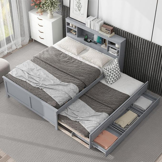 Merax Full Size Platform Bed with Storage Headboard, USB, Wood Bedframe with Twin Size Trundle and 3 Drawers, Grey
