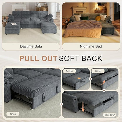 Hanherry 104" Sectional Sofa with Pull Out Couch Bed,Corduroy Sleeper Sofa with Storage Ottoman & USB Charging,Comfy L Shaped Modular Couches for Living Room,Apartment