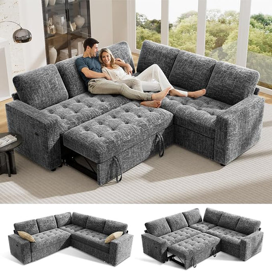 Vipbear 5 Seat L Shaped Modular Sectional Sleeper Sofa Bed with Pull Out Bed/Reclining Backrest/USB Ports/Storage Seat, Sectional Sleeper Couch, Tool-Free Assembly, Chenille Dark Grey