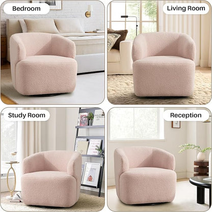 SOFTHION Swivel Accent Chair, Sherpa Teddy Barrel Chair for Living Room, Cozy Round Boucle Arm Chair, Metal Base for Club Nursery Bedroom, Light Blush Pink