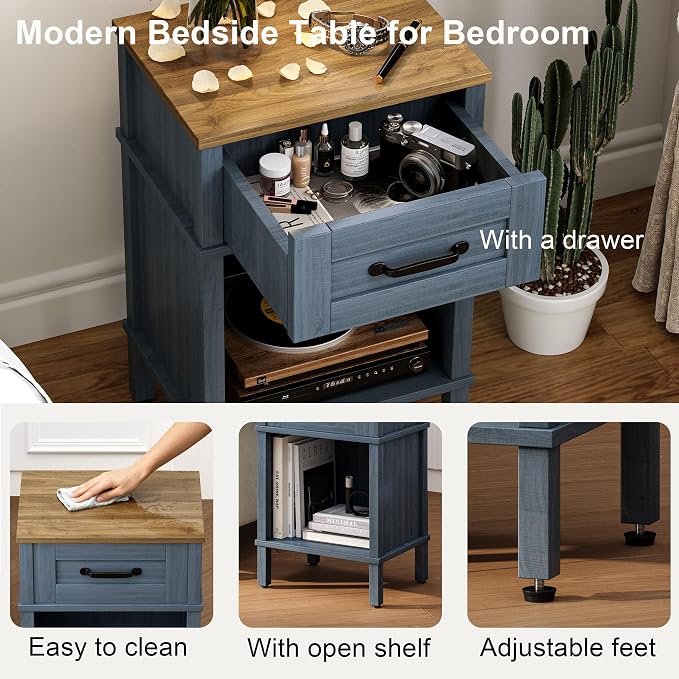 Small Farmhouse Nightstand, Wood Night Stand Set, End Table with Drawer, Small Rustic Wooden Bedside Table, Bed Side Table for Bedroom, Blue end Table with Storage for Bedroom LET512LR