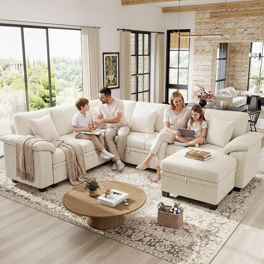 Ihanherry 108" Modular Sectional Sofa with Pull Out Bed, 7-Seater L Shaped Sectional Sleeper Couch with Storage, Chenille Convertible Couches for Living Room, Apartment (Beige)