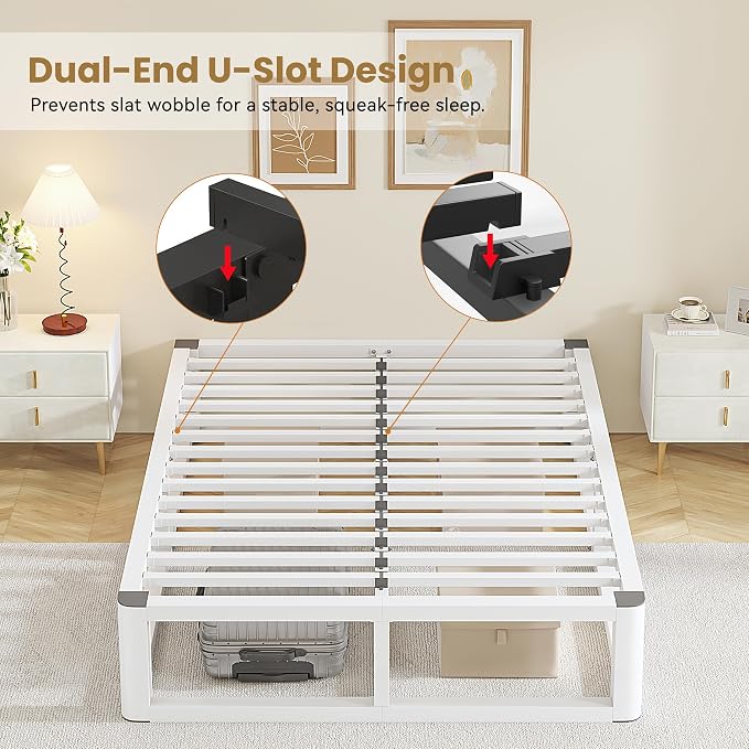 14 Inch King Size Bed Frame with Rounded Corner and Headboard Hole, Metal Platform Bed Frames 6 Non-Slip Guards, 3500lbs Heavy Duty Steel Slat Support, Squeak Free, No Box Spring Needed, White