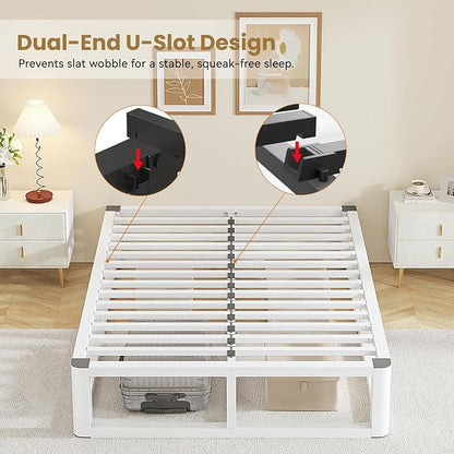 14 Inch Queen Bed Frame with Rounded Corner and Headboard Hole, Metal Platform Bed Frames 6 Non-Slip Guards, 3500lbs Heavy Duty Steel Slat Support, Squeak Free, No Box Spring Needed, White
