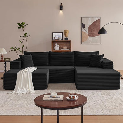 Mangodan 110” Cloud Sectional Couch, Boneless Sofa for Living Room, Modular Sectional Sofa with Deep Seat, Comfy Fluffy U-Shaped Couch with Right-Facing Chaise, No Assembly Required, Black