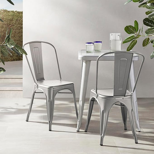 Amazon Basics Metal Dining Chairs, Easy to Assemble, Indoor/Outdoor, Stackable, 330-Pound Capacity, Dark Gray, 4-Pack, 20.1 x 17.1 x 33.5 inches