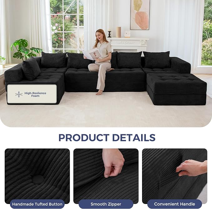MAXYOYO Modular Sectional Sofa Couch, Foldable U Shaped Cloud Couch with Pillows, Tufted 7-Seat Boneless Lounger Floor Sofa Bed for Living Room, No Assembly Required, Black