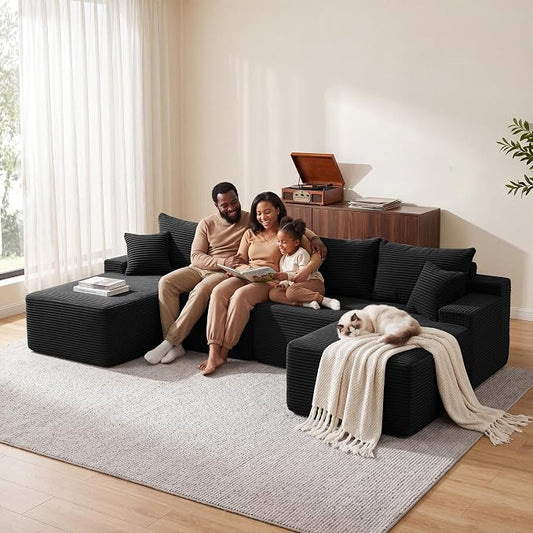 Mangodan 118'' Cloud Sectional Couch, U Shaped Boneless Couches for Living Room, Modular Sectional Sofa with Deep Seat Light Facing Chaise, Comfy Cloud Couch Sofa, Black