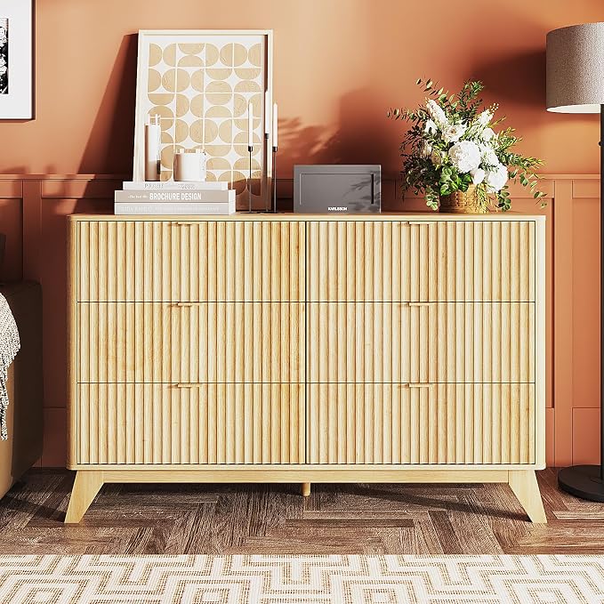 VINGLI Fluted Dresser for Bedroom, 6 Drawer Dresser w/Rounded Edges, Mid Century Modern Dressers Natural Wood Color, 46.8" W*15.6" D*31" H