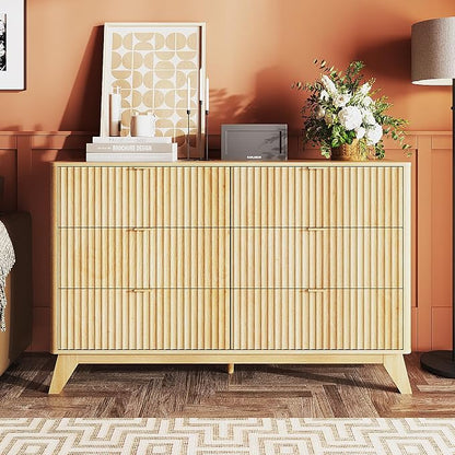 VINGLI Fluted Dresser for Bedroom, 6 Drawer Dresser w/Rounded Edges, Mid Century Modern Dressers Natural Wood Color, 46.8" W*15.6" D*31" H