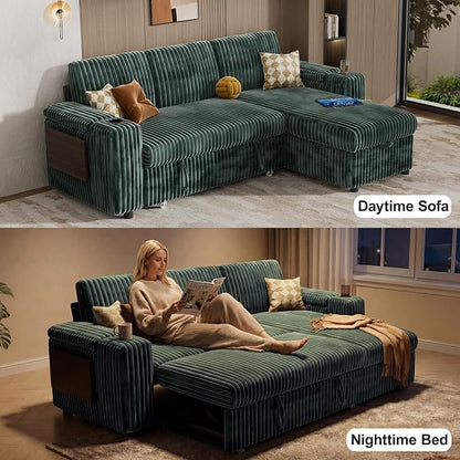 Vipbear 86" Modular Sectional Sleeper Sofa with Pull Out Bed, 3 Seat Plush Corduroy L Shaped Couch with Storage Chaise|USB Ports|Cup Holders|Side Table|Storage Armrests, Tool Free Assembly, Green