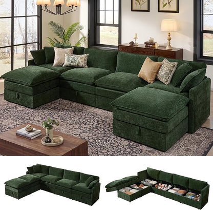 Ihanherry 135” Modular Sectional Sofa with Storage, U Shaped Cloud Couch with Movable Ottomans & 4 Pillows, Chenille Deep Seat Sectional Couches for Living Room, Apartment (Green)