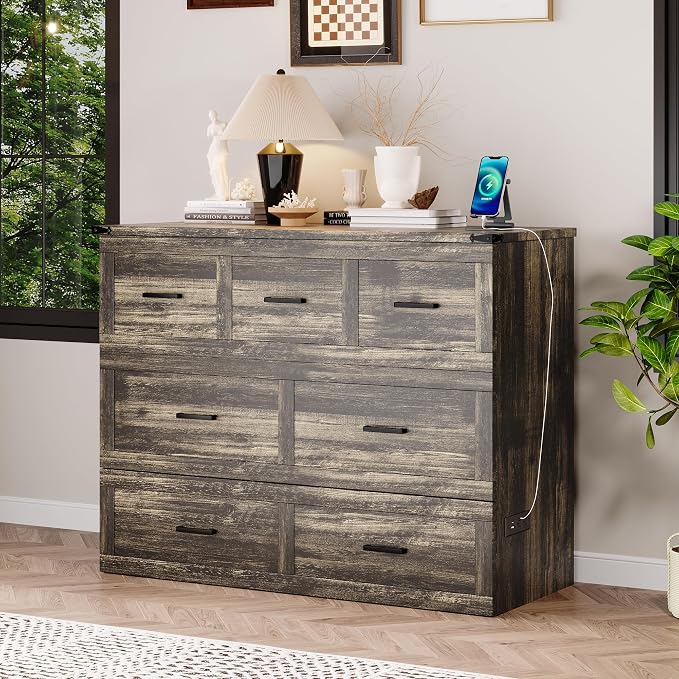 Merax Full Size Murphy Bed with Charging Station, Multi-Functional Foldable Platform Bed with 1 Large Storage Drawer for Guest Room, Small Bedroom, Gray