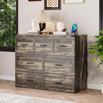 Merax Full Size Murphy Bed with Charging Station, Multi-Functional Foldable Platform Bed with 1 Large Storage Drawer for Guest Room, Small Bedroom, Gray