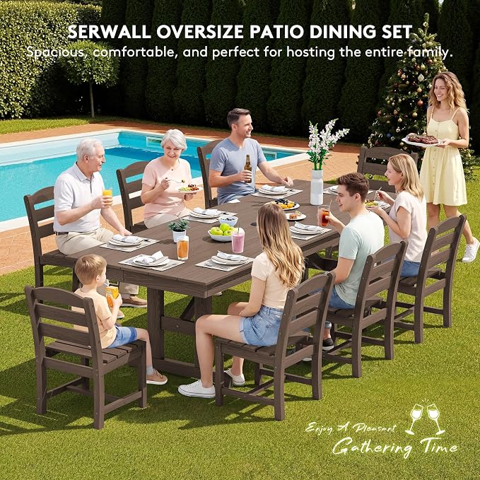 SERWALL 9 Piece 84" HDPE Outdoor Dining Set for 8 with Armless Chairs and Umbrelle Hole, Brown