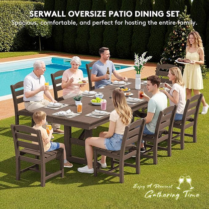 SERWALL 9 Piece 84" HDPE Outdoor Dining Set for 8 with Armless Chairs and Umbrelle Hole, Brown