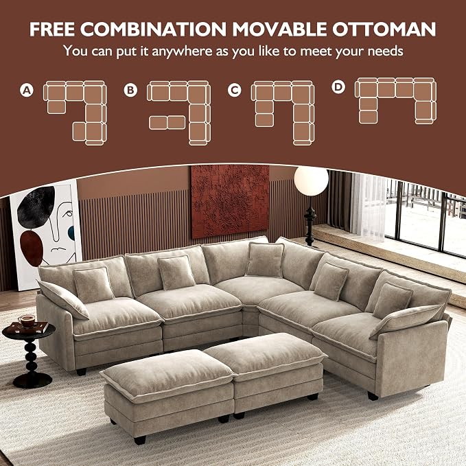 Ihanherry 114" V-Shaped Modern Sofa Modular Sectional Luxurious and Comfortable with 2 Ottoman, 7-Seat Chenille Deep Seat Sofa with Corner Section for Living Room, Bedroom and Apartment, Sand
