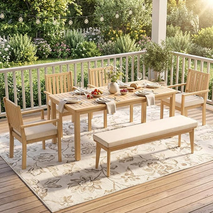 FansaFurn 6 Pieces Acacia Outdoor Patio Table and Chairs Set for 6, Outdoor Dining Table Set with Cushion, Modern Outdoor Patio Furniture Set for Backyard Garden Deck Lawn, Beige
