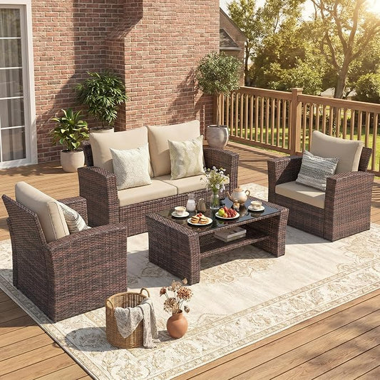 Wisteria Lane 4 Piece Patio Furniture Set, Wicker Outdoor Patio Conversation Furniture Set, All Weather Outdoor Patio Sofa with Cushion and Wood Table, Brown and Beige