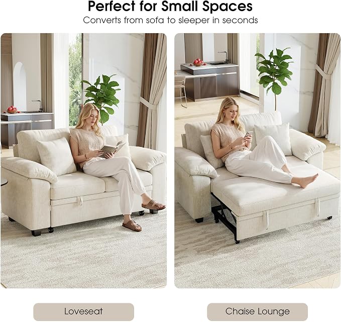 WorthFurni 61” Pull Out Couch, 2 in 1 Sleeper Sofa Bed with Throw Pillow, Convertible Small Loveseat Sleeper Couch for Living Room, Bedroom, Apartment (Beige)