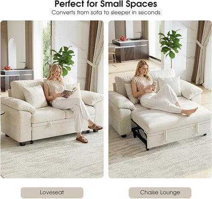 WorthFurni 61” Pull Out Couch, 2 in 1 Sleeper Sofa Bed with Throw Pillow, Convertible Small Loveseat Sleeper Couch for Living Room, Bedroom, Apartment (Beige)